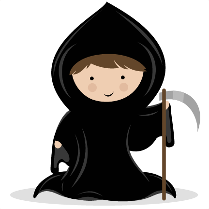 Cute cartoon grim reaper with black hooded robe and scythe, smiling gently.