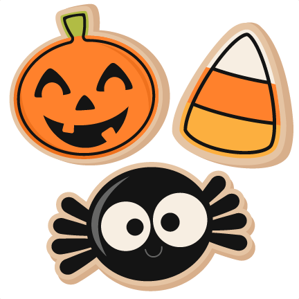 Three cartoon-style Halloween icons: a smiling jack-o'-lantern, candy corn, and a friendly black spider with big eyes.