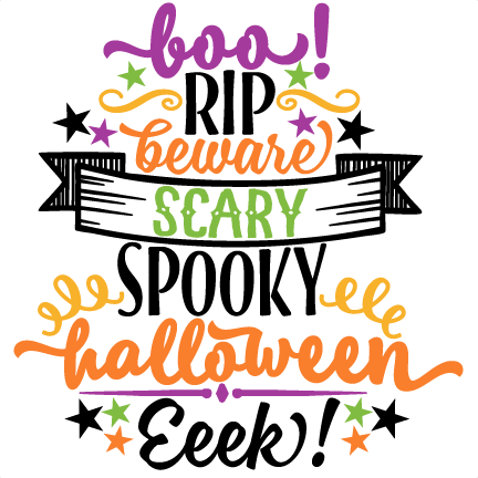 Colorful Halloween-themed typographic design with words like "boo!", "spooky", "scary", and "Eeek!" surrounded by stars and ribbons.