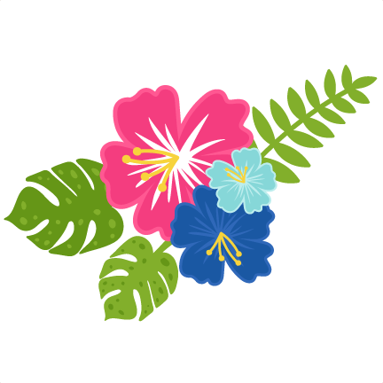 Vibrant tropical floral arrangement with pink, blue, and light blue hibiscus flowers alongside monstera and fern leaves.