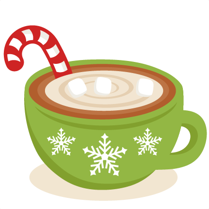Green holiday mug with snowflake patterns, filled with hot cocoa, marshmallows, and a candy cane stirrer.