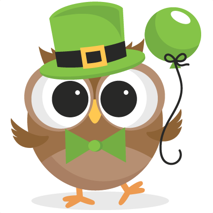 Cute cartoon owl wearing a green St. Patrick’s Day hat and bowtie, holding a green balloon.