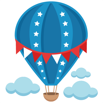 Blue hot air balloon with white stars and red-white bunting, floating among light blue clouds.