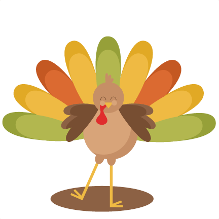 Cheerful cartoon turkey with colorful fanned tail feathers, red wattle, and joyful expression standing on brown ground.