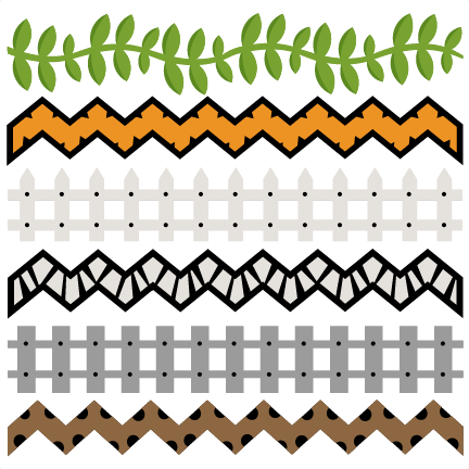 Six decorative border patterns: leafy vine, orange zigzag, white picket fence, black-and-white geometric wave, gray lattice, and brown spotted zigzag.