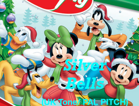 Disney characters in festive attire celebrating Christmas with "Silver Bells" text overlay and decorated trees.