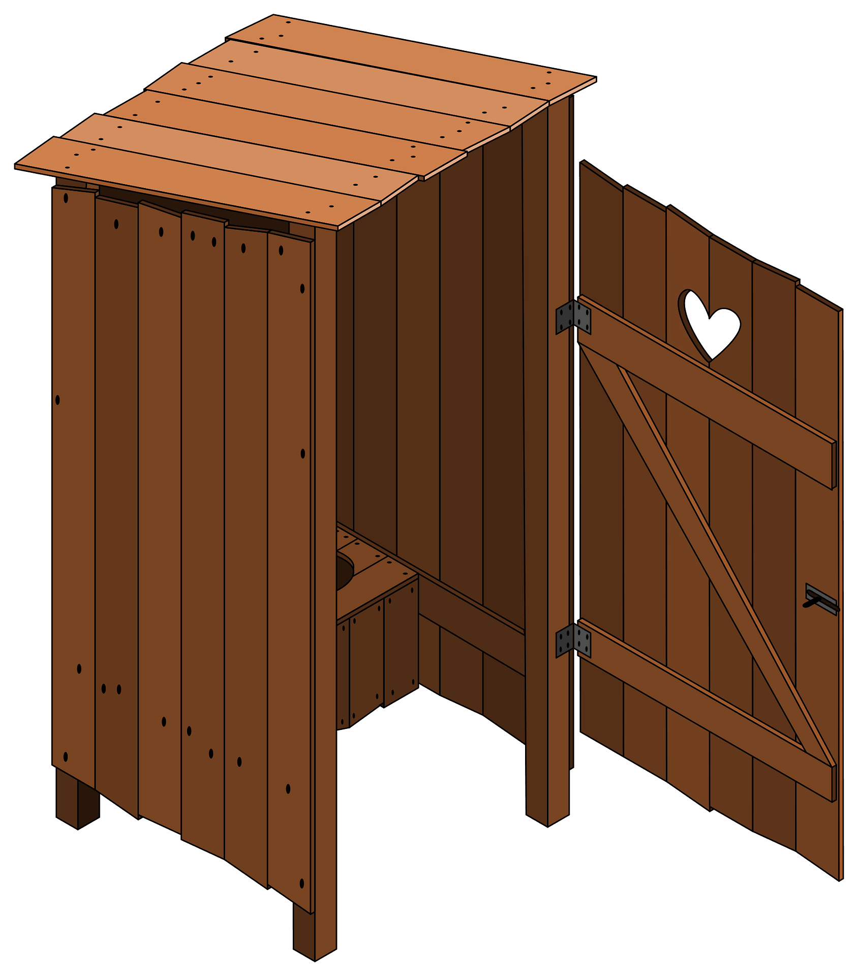 Wooden outhouse with slanted roof, heart-cutout door, and visible interior seat.