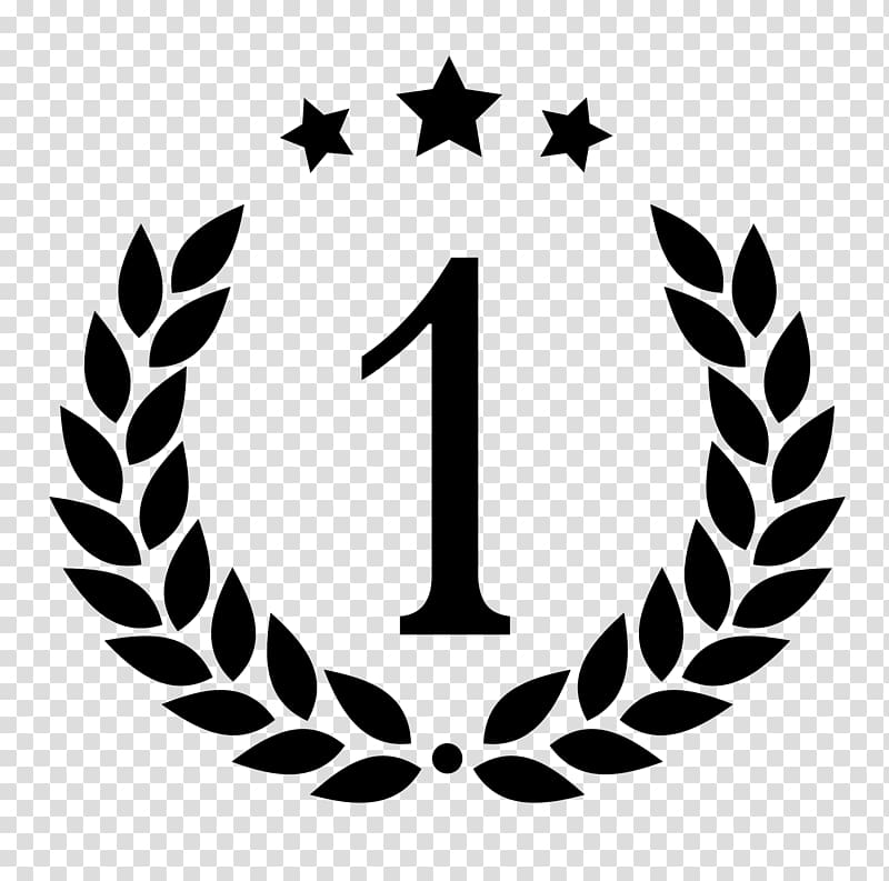 Black laurel wreath with number 1 and three stars, symbolizing first place or championship victory.