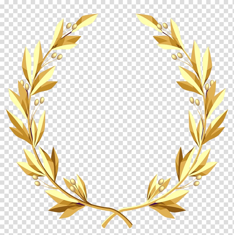 Golden laurel wreath with olive leaves and berries, stylized vector illustration on transparent background.