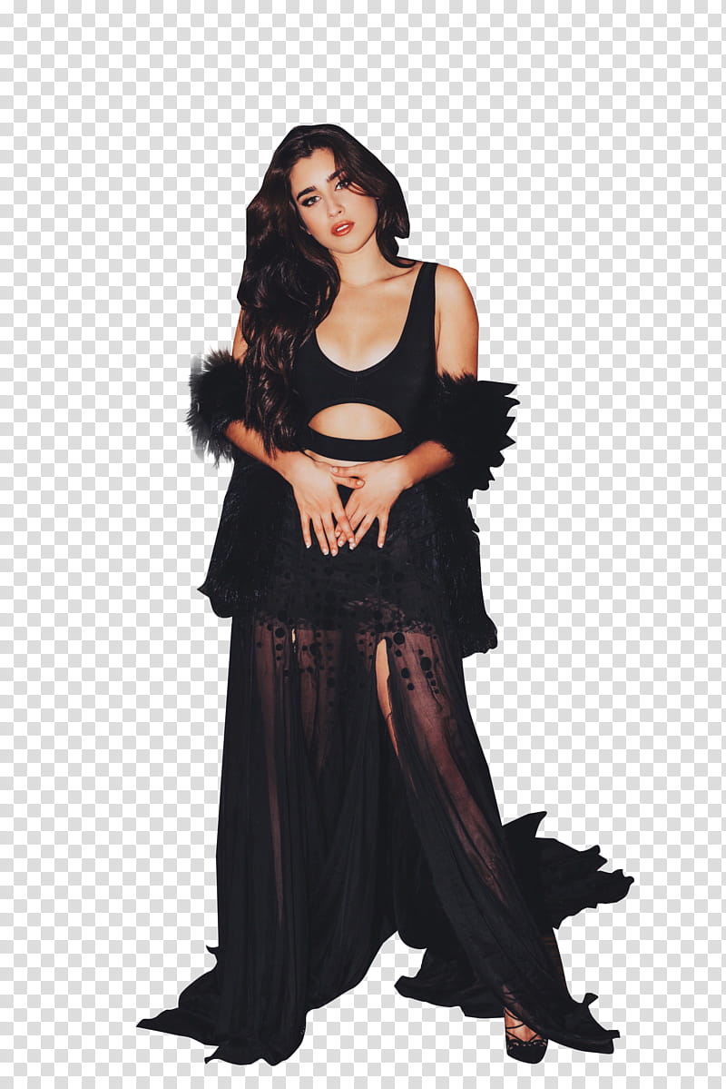 Woman in elegant black sheer gown with fur-trimmed sleeves and cutout detail, posing confidently against transparent background.