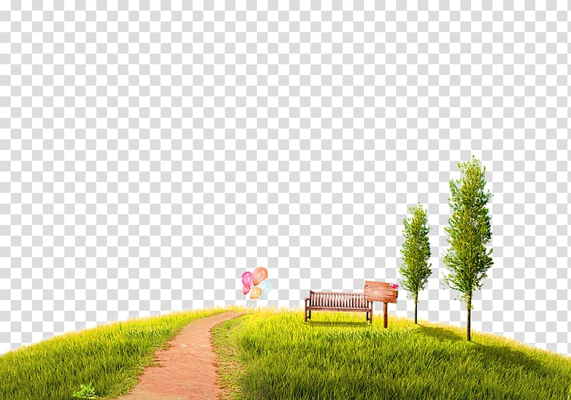 A serene grassy hill with a winding dirt path, wooden bench, two trees, and colorful balloons floating nearby.