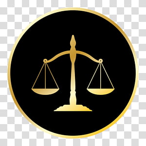 Golden scales of justice on black circular background with gold border