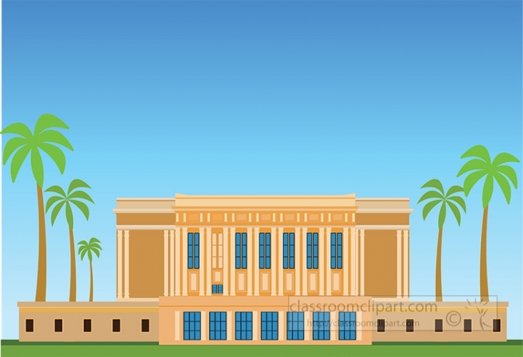 Classical-style building with palm trees under a clear blue sky, vector illustration.