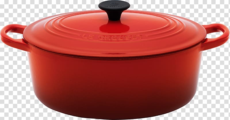 Vibrant red Le Creuset enameled cast iron Dutch oven with black knob and dual side handles.