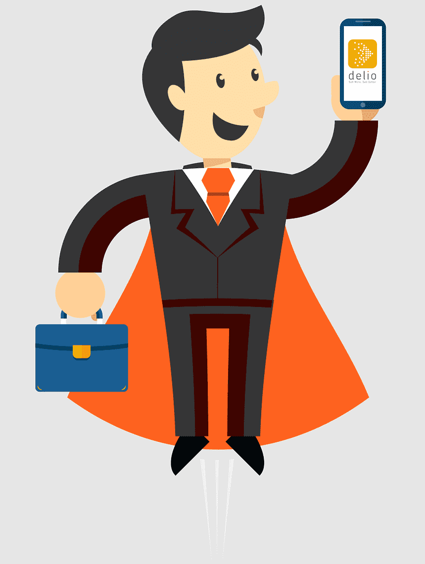 Businessman in suit with orange superhero cape holding smartphone displaying Delio app and briefcase, flying upward.