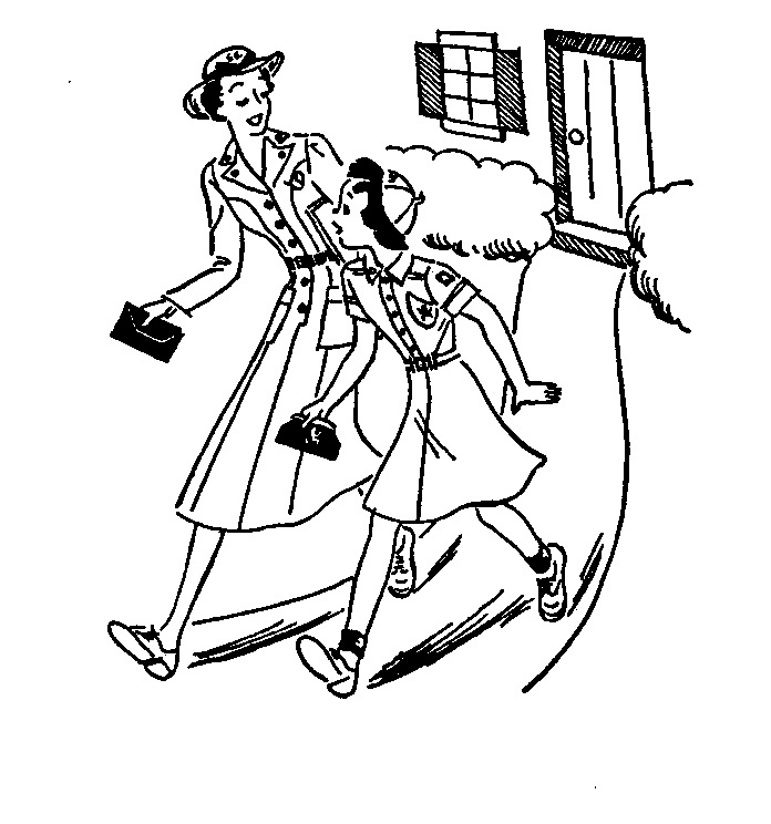 A vintage-style illustration of a woman and a girl in uniform walking briskly past a house, both carrying small bags.
