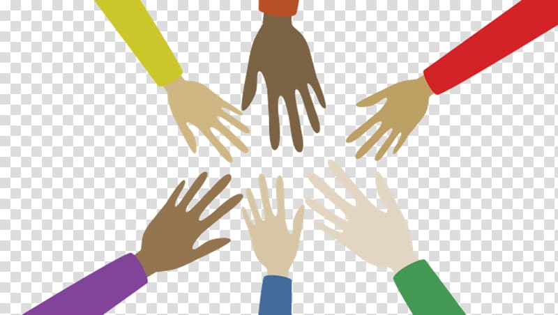 Seven diverse hands reaching inward in unity, symbolizing collaboration and inclusion.