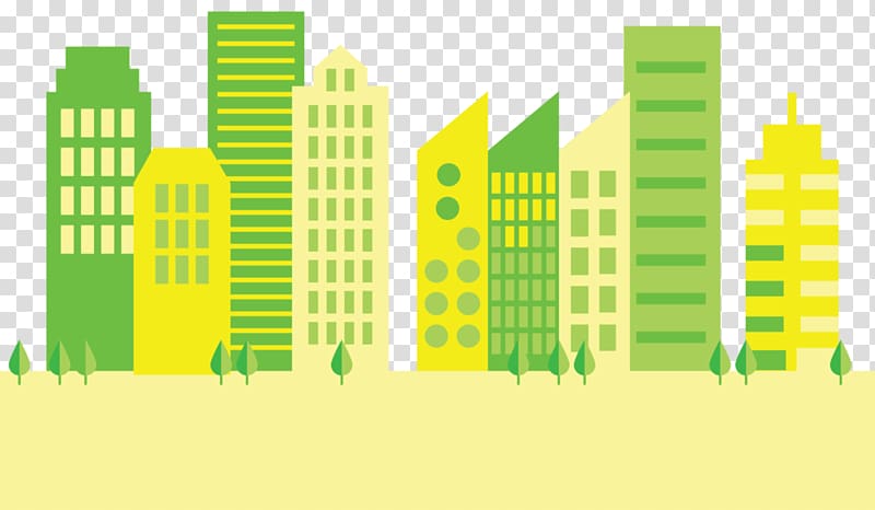 Stylized green and yellow city skyline with modern buildings and small trees on a light background.