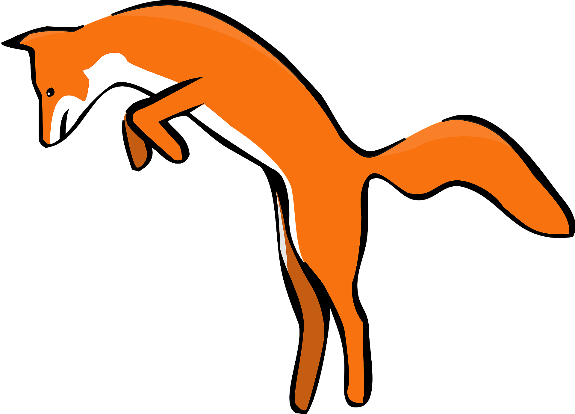Stylized orange fox leaping mid-air with white markings and bold black outline against gray background.