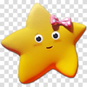 Cheerful yellow star character with big eyes, a smile, and a pink bow on its head.