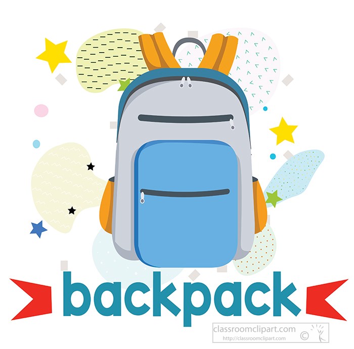 Blue and gray school backpack with orange straps, surrounded by colorful stars and abstract shapes.