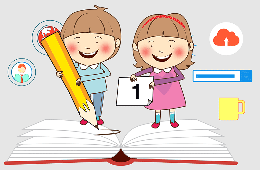 Two smiling children stand on an open book-one holds a giant pencil, the other a paper with the number 1-surrounded by icons for learning and digital tools.