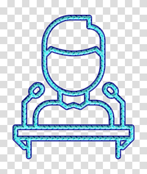 Blue line-art icon of a person seated at a desk with two microphones, suggesting a podcast host or speaker setup.