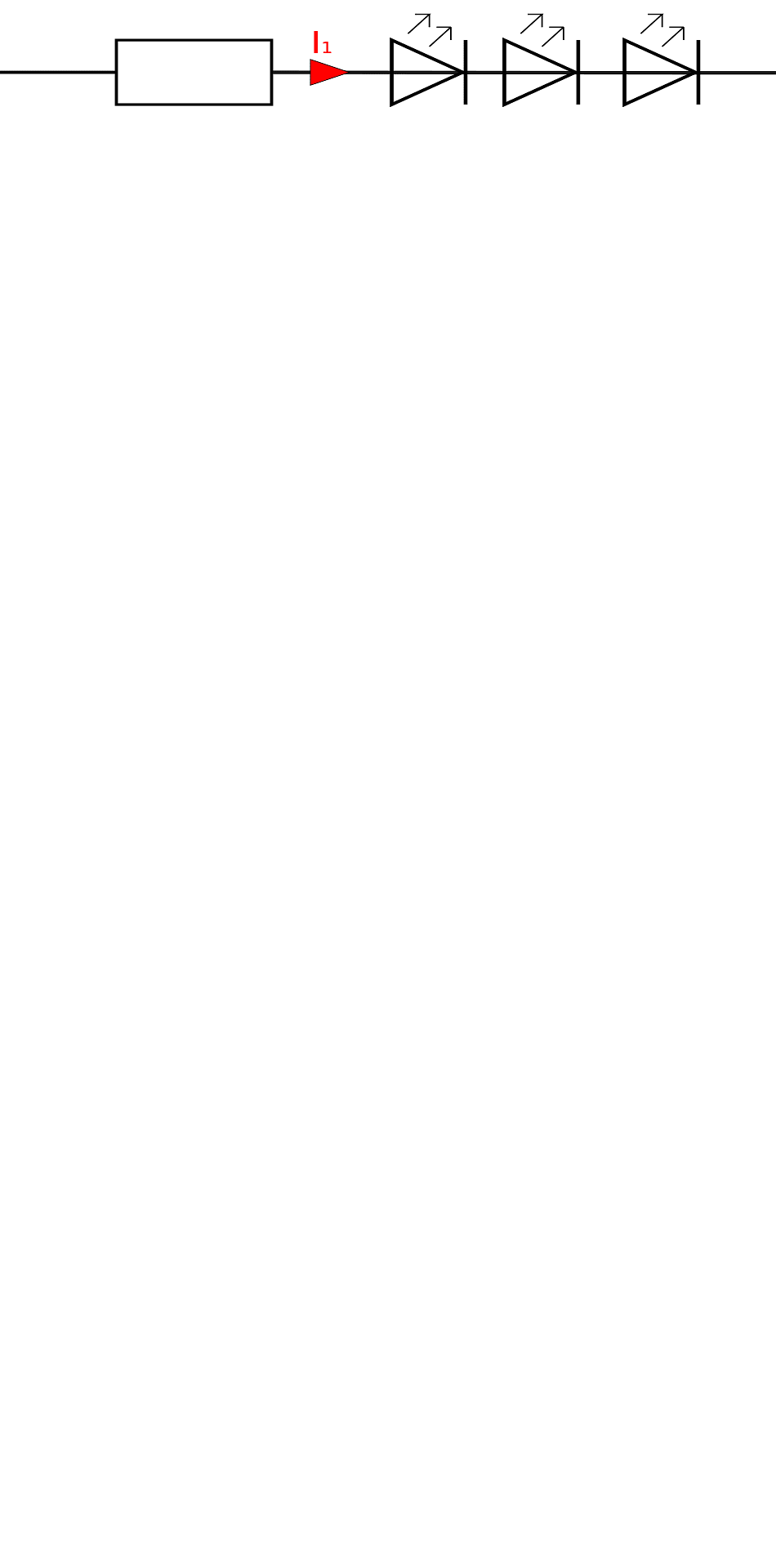 Circuit diagram showing a resistor, red LED labeled I₁, and three photodiodes with light emission arrows.
