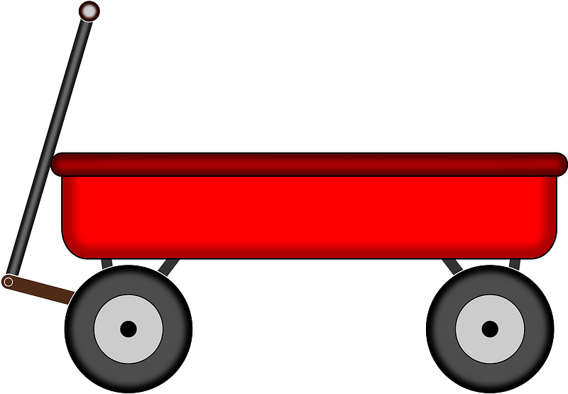 Classic red metal wagon with black wheels and a long handle, isolated on gray background.