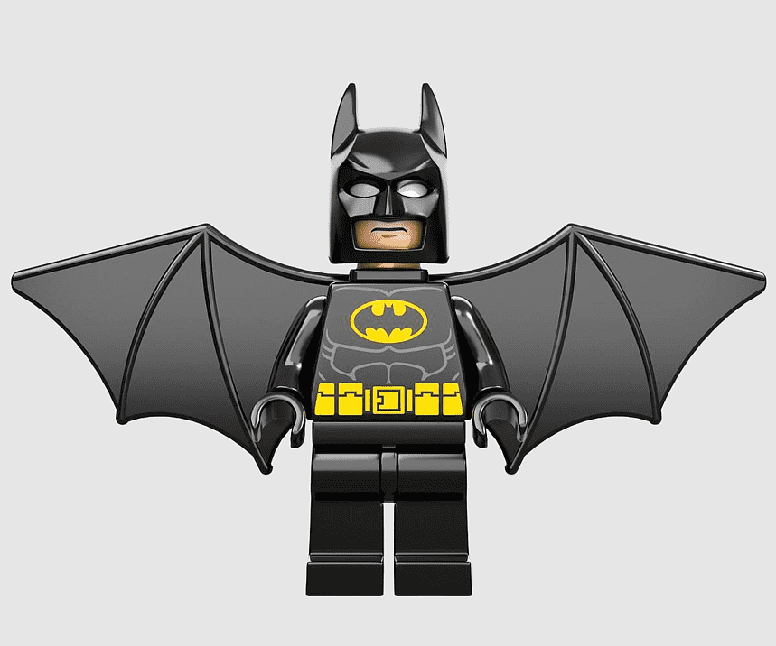 LEGO Batman minifigure with black cowl, yellow bat symbol, and extended wing cape.