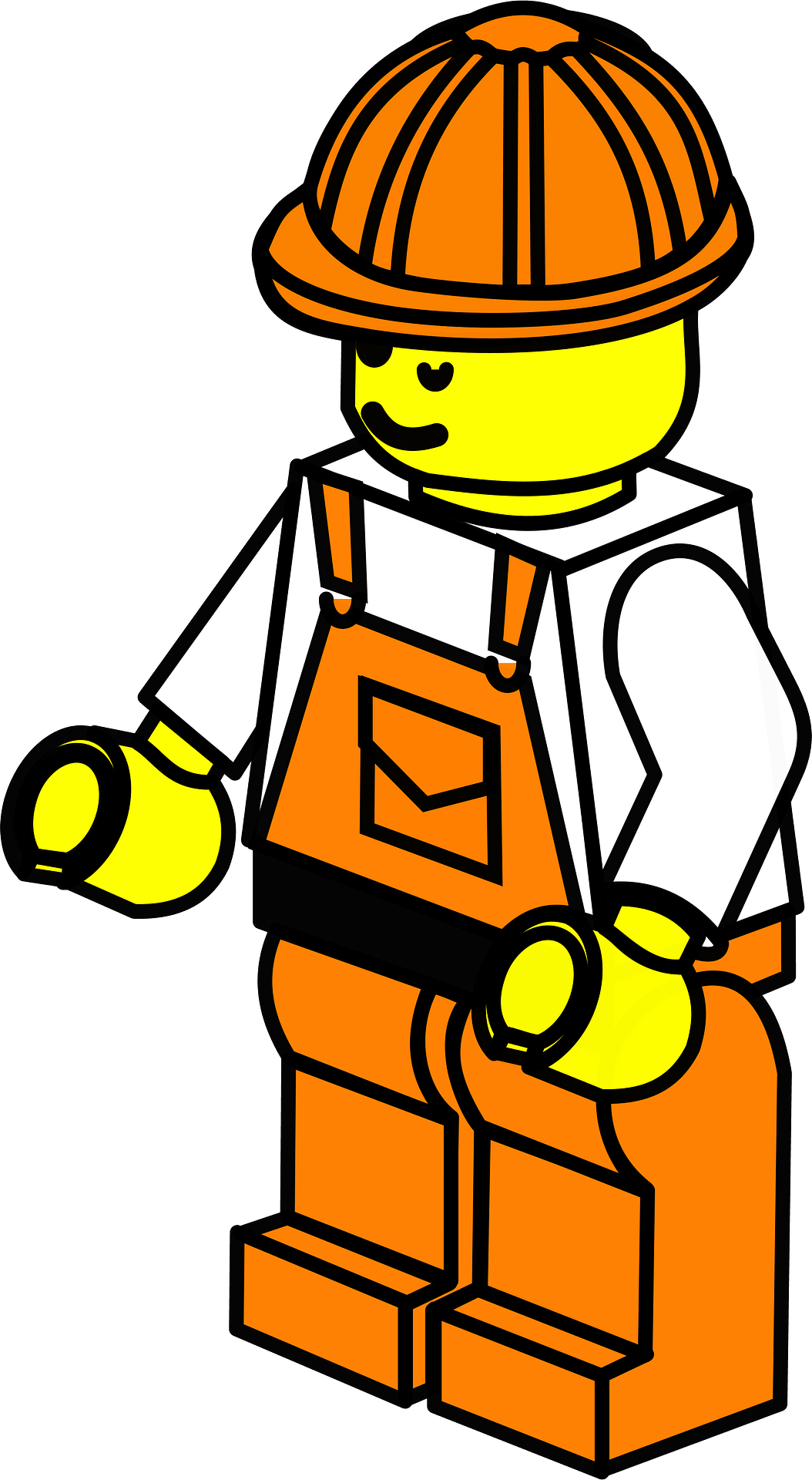LEGO construction worker minifigure wearing orange hard hat and overalls, smiling and holding tools.