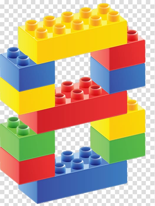Colorful LEGO bricks stacked in a zigzag pattern on transparent background.