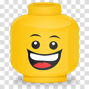 Bright yellow LEGO minifigure head with a wide, joyful smile and expressive eyes.