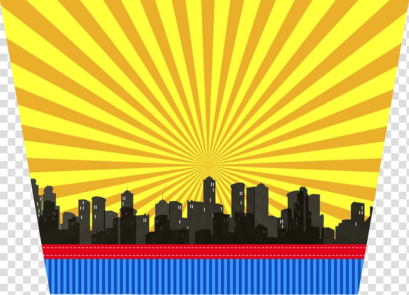 Vibrant yellow sunburst behind a black city skyline silhouette, with red and blue striped foreground.