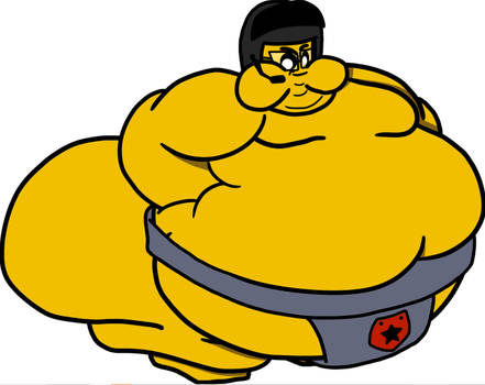 Cartoon sumo wrestler with yellow body, black helmet, and gray mawashi featuring a red star emblem.