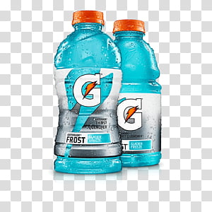 Two chilled Gatorade Frost bottles with orange caps, condensation visible on the surface, labeled "Glacier Freeze" flavor.