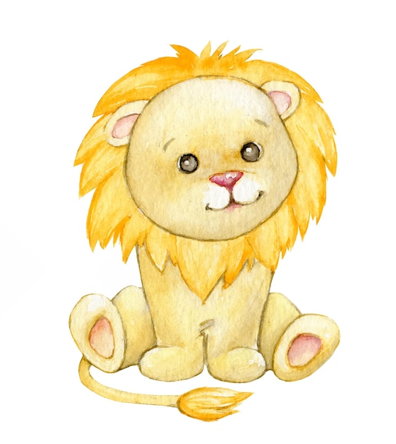 Cute watercolor illustration of a sitting baby lion with fluffy golden mane and gentle expression.