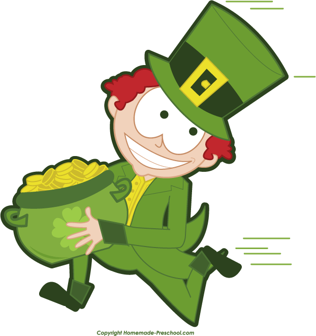 Smiling leprechaun in green suit and hat running with a pot of gold coins.