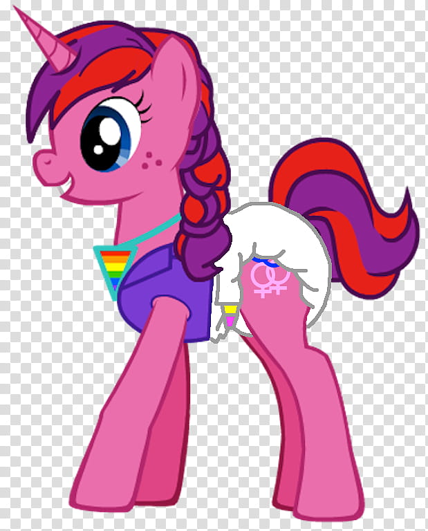 Pink unicorn pony with rainbow mane, purple outfit, and LGBTQ+ pride symbols including rainbow triangle and gender symbol.