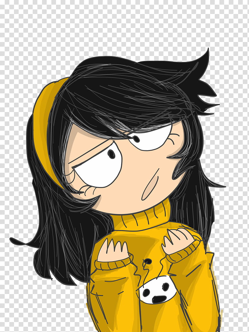Cartoon girl with black hair and yellow hoodie, angry expression, panda patch on chest.