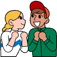 Two smiling cartoon characters, a blonde woman in a white and blue top and a man in a green shirt and red cap, clasp fists in excitement.
