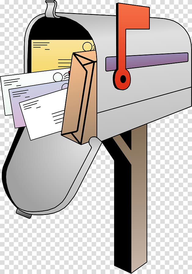 Open mailbox overflowing with letters and envelopes, red flag raised.