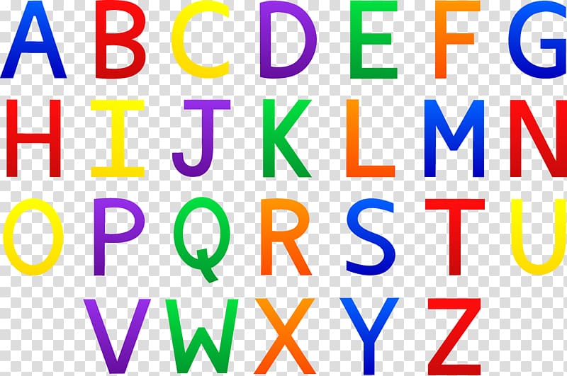 Colorful uppercase English alphabet letters A-Z arranged in four rows on transparent background.