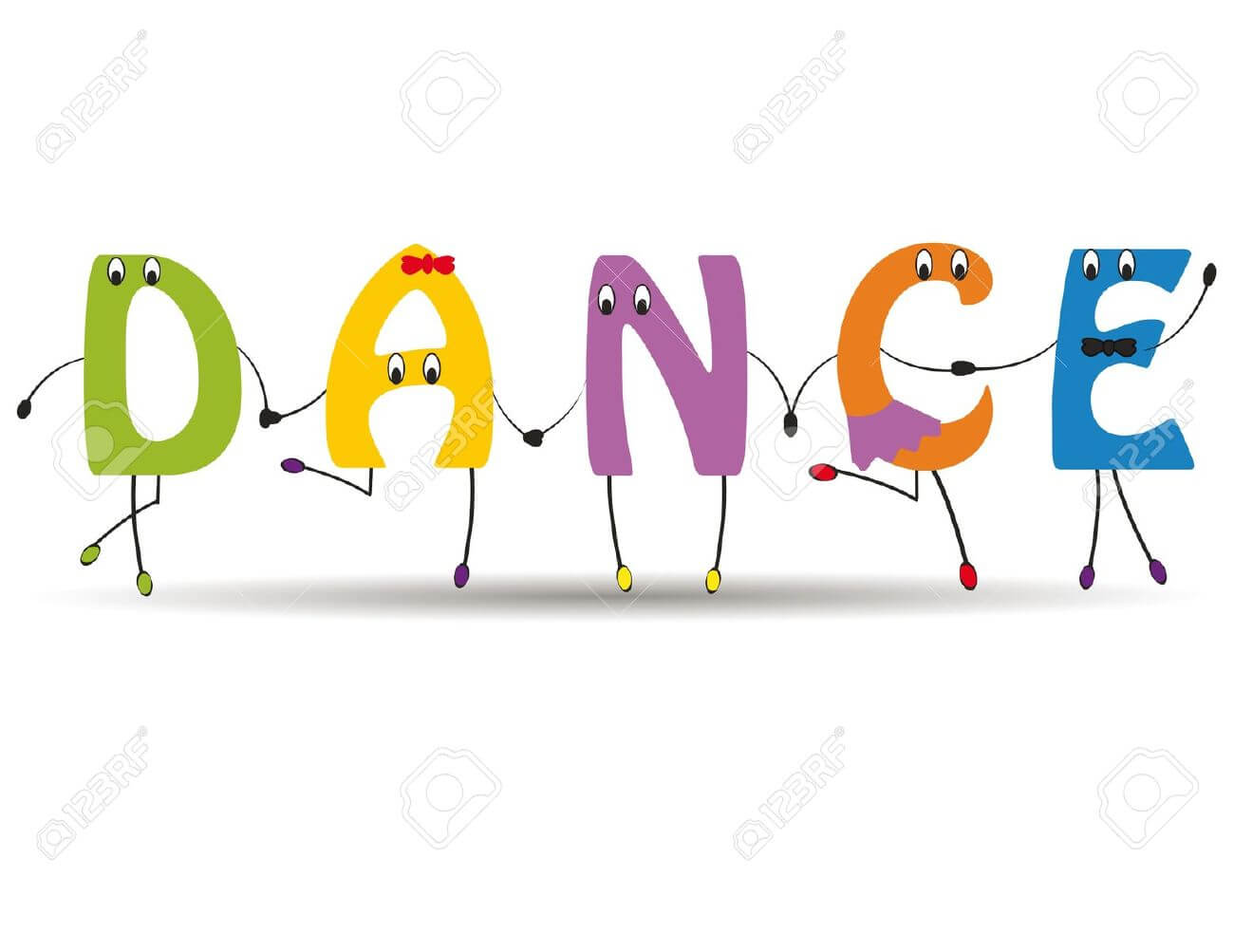 Colorful animated letters D-A-N-C-E holding hands and dancing joyfully on white background.