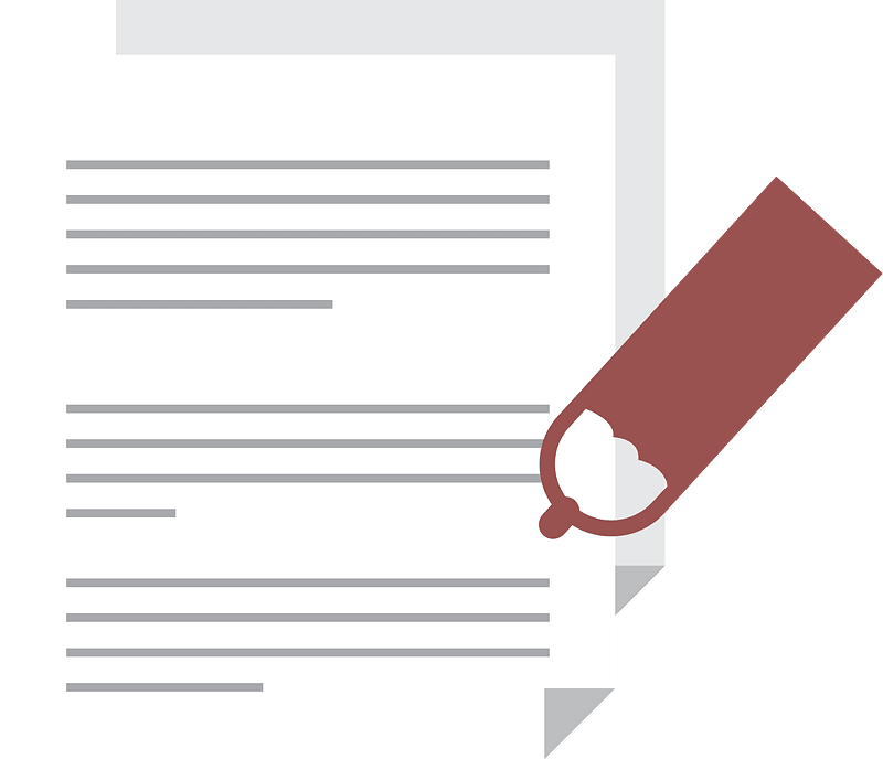 Document page with gray placeholder text and a red bookmark ribbon on green background.