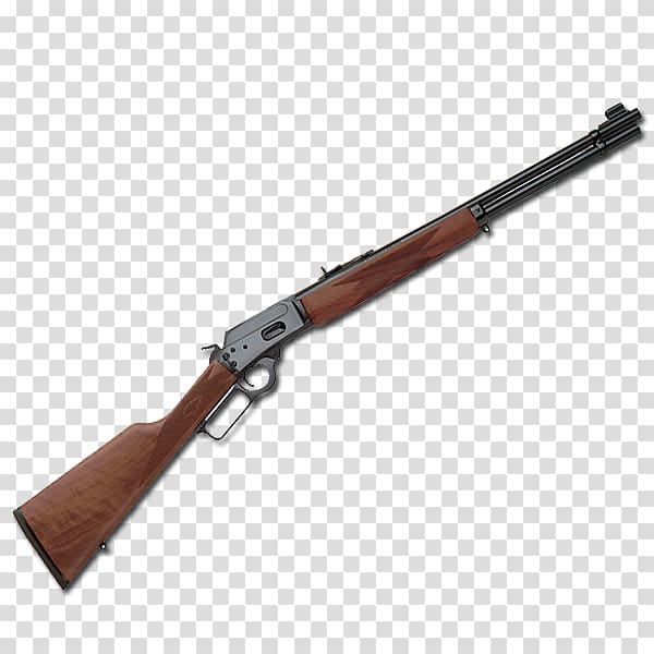 Classic lever-action rifle with polished wood stock and blued steel barrel, isolated on transparent background.