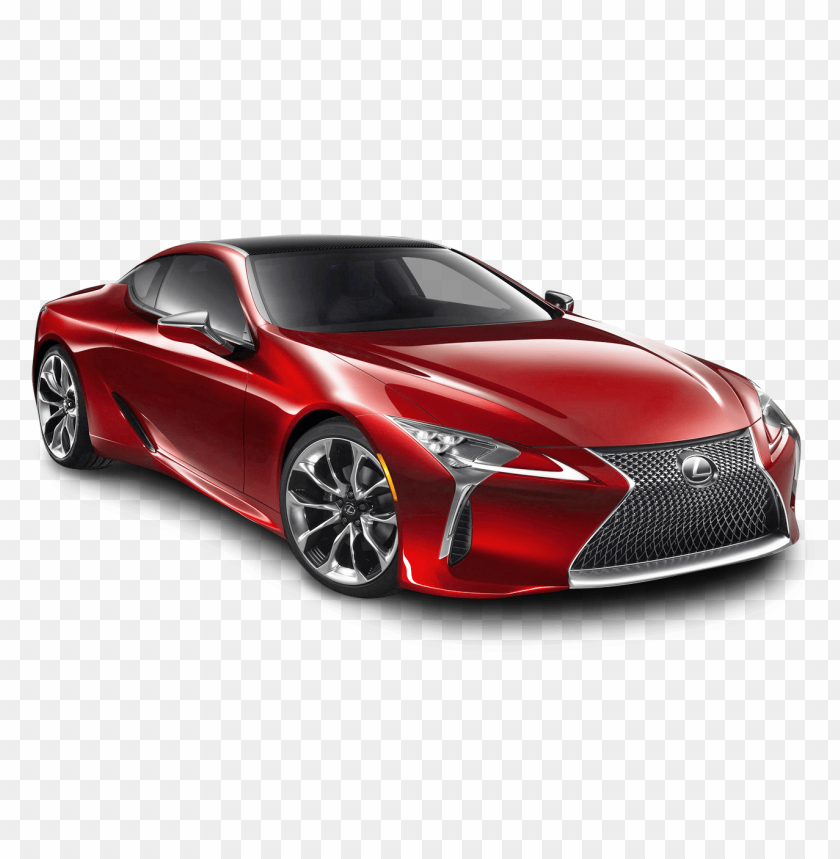 Red Lexus LC 500 luxury sports coupe with sleek design and signature spindle grille on transparent background.