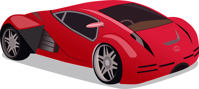 Red futuristic sports car with sleek aerodynamic design, silver wheels, and a circular logo on the hood.