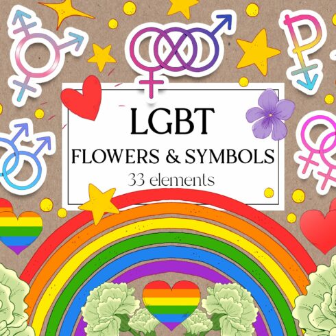 Colorful LGBT symbols, rainbow, flowers, and hearts on kraft paper background-33 elements collection.