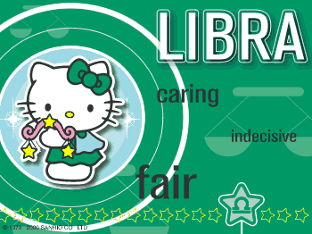 Hello Kitty as Libra zodiac sign, holding stars and scales on green background with traits: caring, fair, indecisive.